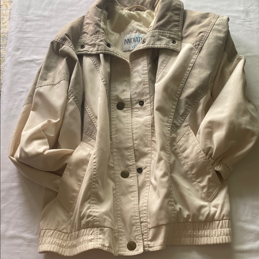 Tan Bomber Jacket with Elastic Waistband and Collared Neckline